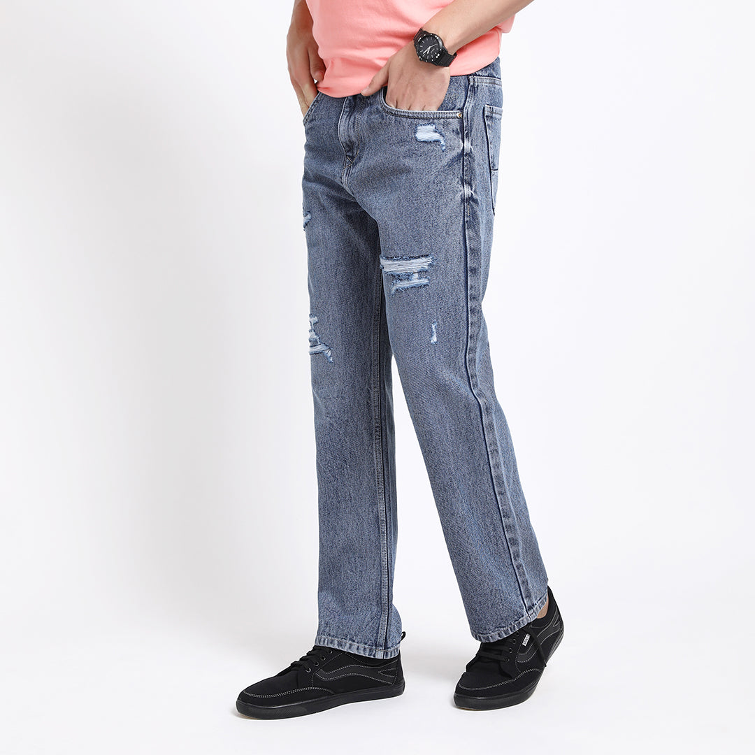 BLUE BAGGY FIT DISTRESSED JEANS TEDDY 4713-2
